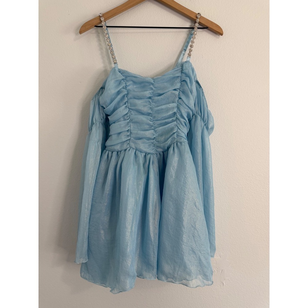 Dolls Kill Sugar Thrillz - Crystal Strap Baby Blue Puff Off Shoulder Dress